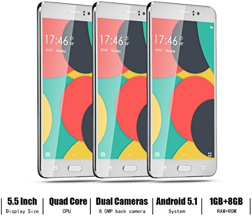 LXLG® Unlocked 5.5 Inch IPS Screen Anroid 5.1 Cellphone Mobile Phone 3G Phone Smartphone MTK6580 Quad core Quadband Dual SIM Dual Standby RAM 1G ROM 8G 5.0MP 8.0MP Camera Wifi (White)