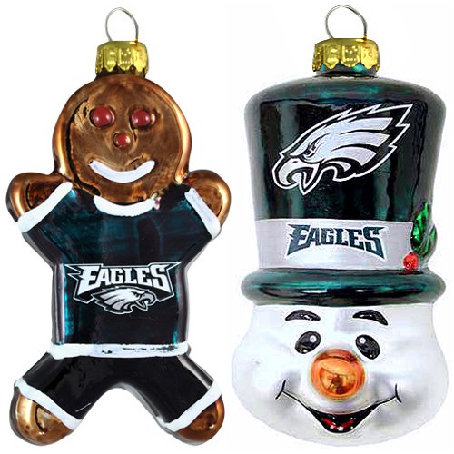 NFL Philadelphia Eagles Blown Glass Gingerbread Man & Top Hat Snowman Ornament 2-Pack