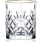 Lorren Home Trends Siena Collection Crystal Double Old Fashion Beverage Glass with Gold Band Design, Set of 4