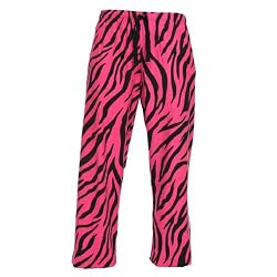 Fuschia Bright Pink Zebra Stripe Fun Print Novelty tie cord flannel cotton pants for lounging, sleep, sports. Unisex relaxed fit,