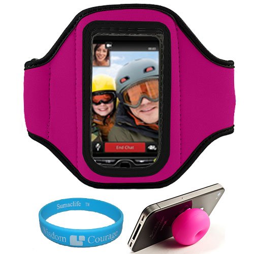 Magenta Moisture Resistant Protective Neoprene Workout Armband with Adjustable Velcro Strap for T-Mobile New MyTouch 4G Slide Android Smartphone + Pink Sucker Stand + SumacLife TM Wisdom*Courage Wristband