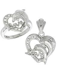 Sterling Silver DOLPHINS HEART LOVE Ring & Pendant Set CZ Stones Rhodium Finished
