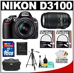 Nikon D3100 Digital SLR Camera 18-55mm VR 55-300mm VR Lens with 16GB Card Filters Case Tripod Accessory Kit