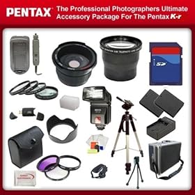 The Professional Photographers Ultimate Accessory Package For The Pentax K-r includes: 32GB Hi Speed Error Free Memory Card, Hi Speed Card Reader, Macro Lens Kit, 2 Replacement Batteries & Charger, Hard Flower lens Hood, 0.5x Professional Wide Angle Lens , 3.6X Telephoto Lens, 72 Inch tripod, Profes