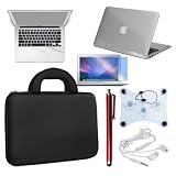 Skque 7 Accories for Apple MacBook Air 13.3: Clear Hard Plastic Crystal Case + 13.3 Inch Series LCD Screen Protector + Palm and Track Pad Protector for Laptop Notebook + 13.3inch Black EVA Carrying Case + Red Aluminum Capacitive Stylus Pen + Laptop Notebook Cooler Pad w/ 3 Fans + White Headset