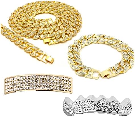 Set of 4 - Men's 2 Row Iced Out Gold Plated crystal CUBAN chain, Bracelet & Grillz hip hop bling
