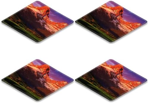 Beautiful Sunset Mountain Shadow Scenery Square Coaster (4 Piece) Set Fabric Rubber 5 Inch Size MSD Coaster Cup Mug Can Water Bottle Drink Coasters Stain Resistance Collector Kit Kitchen Table Top Desk