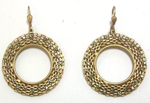 La Vie Parisienne 14K Antique Gold (Plated) Dangle Mesh Hoop Earrings with Black Diamond Swarovski Crystals by Designer Catherine Popesco