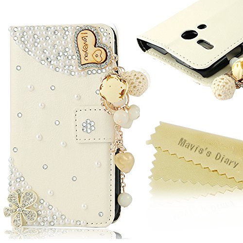 Moto G Case - Mavis's Diary 3D Handmade Bling Crystal LOVE Heart Pendant Sparkle Glitter Rhinestone Diamond Flowers PU Leather Wallet Type with Magnetic Clasp Credit Card Holder Design Folio Case Cover for Moto G (XT1031, XT1032, XT1033, XT1034) with Soft Clean Cloth (One Case)