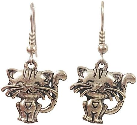 Surgical Steel Dangle Earrings Cute Cat Silver Tone