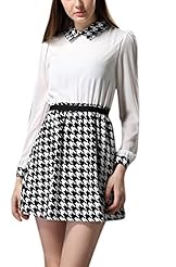 A-line Long Sleeves Short Houndstooth Print Chiffon/Polyester  Dress