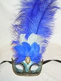 Venetain Colombina Feather Carnival Mask/Royal Blue and White Feathers/ Rhinestones