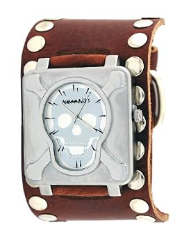 Nemesis #BSM930SL Men's Stainless Steel Skull Face Dial Wide Leather Cuff Band Watch