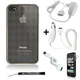 Argyle Smoke Flexible Skin Cover for Apple iPhone 4 / 4th Generation compatible with 16GB / 32GB + 4-inch eBigValue (TM) Determination Hand Strap Key Chain + Includes a Trave Accessorie Charge Kit; Home and Wall charger with a Retractable USB Sync Cable + Full Front and Back Screen Protector for IPHONE 4