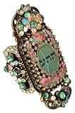 Art Deco Style Adjustable Ring Designed by Michal Negrin with Roses and Hebrew Letters Cameo, Surrounded by Hand Painted Flowers, Fancy Ornaments, Green, Blue, Pink Swarovski Crystals