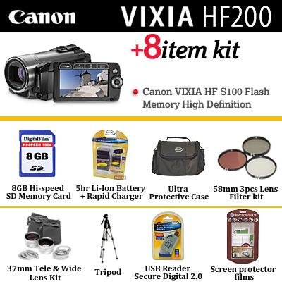 Canon VIXIA HF200 Flash Memory Camcorder With Ultimate HD Accessory Kit Includes Lenses + 8GB Memory, 5 Hour Battery & Charger + Video Light + Case + Tripod + More