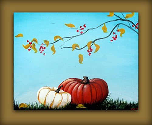 Fall Pumpkins Painting with a blue Autumn sky and berry branches....Original Art