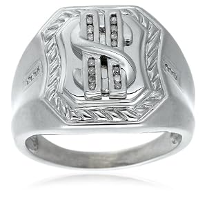 Men's Sterling Silver Diamond Dollar Sign Ring (1/10 cttw), Size 11