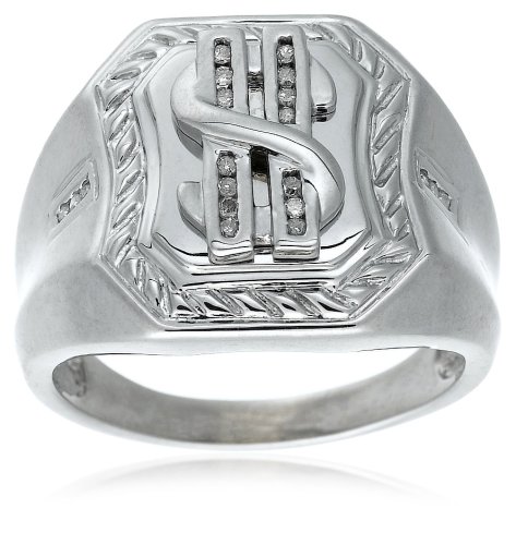 Mens Sterling Silver Diamond Dollar Sign Ring (1/10 cttw), Size 11