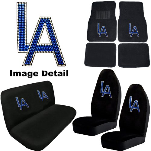 LA Sign Los Angeles Blue Gem Crystal Studded Rhinestone Bling Car Truck SUV Floor Mats Bucket & Bench Seat Covers - Combo Kit Gift Set - 8PC