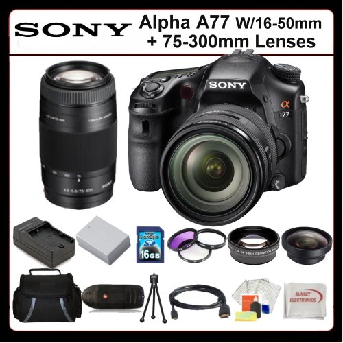 Sony Alpha A77 Kit Includes: Sony Alpha A77 Digital Camera with 16-50mm and 75-300mm Lenses, 2x Telephoto Lens, 0.45x Wide Angle Lens, 16GB SDHC Memory Card, Memory Card Reader, 3 Piece Filter Kit (UV-CPL-FLD), Extended Life Battery, Rapid Travel Charger, HDMI Cable, LCD Screen Protectors, Table Top Tripod SSE Microfiber Cleaning Cloth and Soft Carrying Case