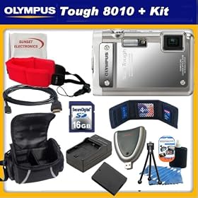 Olympus Stylus Tough 8010 14MP Digital Camera with 5x Wide Angle Zoom and 2.7 inch LCD (Silver) + SSE Essentail Kit: Includes Replacement D-Li50B Battery Pack, Travel Charger, Floating Wrist Strap, 16GB SDHC Memory Card, Card Reader and more