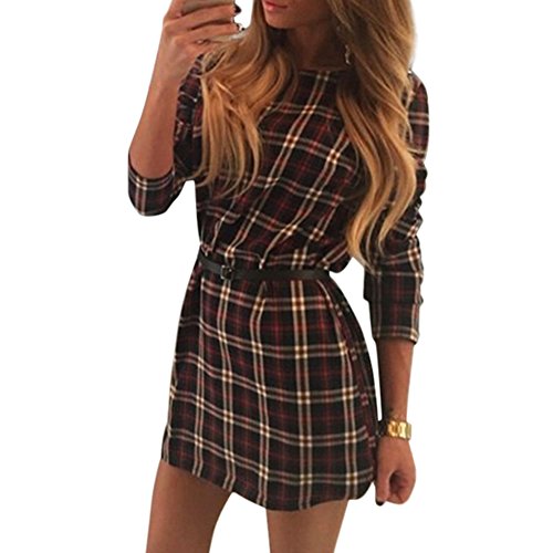 Women's Long Sleeve Tartan Plaid Retro Cocktail Party Dress