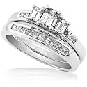 1-1/4 ctw Emerald & Princess Cut Diamond Wedding Ring Set in 14kt White Gold
