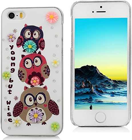 Iphone 5S,Iphone 5 Case - Mavis's Diary® 3D Handmade Bling Crystal Cute Cartoon Owls with Colorful Daisy Flowers Shiny Sparkle Rhinestone Diamonds Clear Cover Hard PC Case for Iphone 5S & Iphone 5