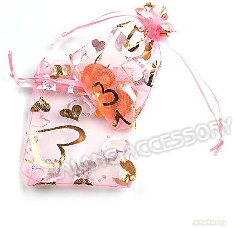 50pcs Wholesale Charms Pink Hearts Organza Wedding XMAS Gift Bags 7x9cm