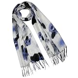 100% Acrylic Navy Blue and Gray Watercolor Flowers Tassel Ends Long Scarf Shawl