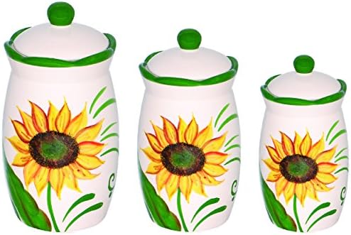 Set of 3 Sunflower Design Hand Painted Ceramic Canister Jars with Tight Lids for Kitchen or Bathroom.quality Airtight Jar with Lids, with Wide Mouth, Looks Great on Your Kitchen Counters