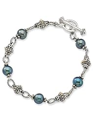 Sterling Silver w/14k Gold 7.5-8mm FW Cultured Black Pearl 8in Bracelet