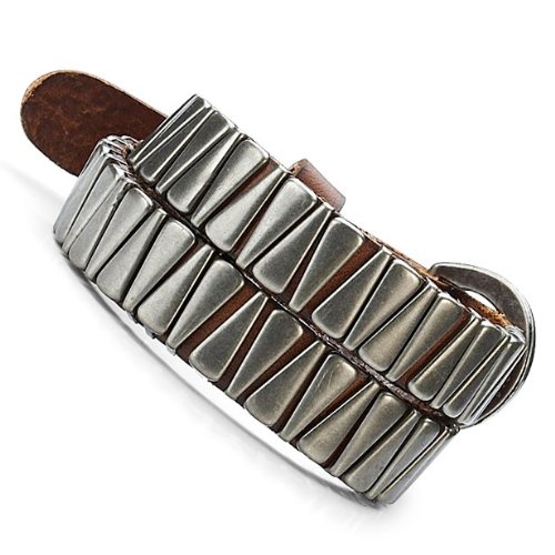 Unique Mens Mouth Teeth Shaped Silver Patterns on Brown Leather Bracelet Cuff