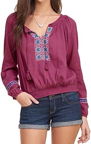 Vinteey Women Embroidery Neck Tie Bohemian Ethnic Style Tops Shirt Tunic Blouse, Purple Small
