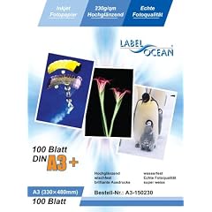 LabelOcean Premium Fotopapier 100 Blatt A3+ (330x480mm) 230g/qm Highglossy hochgl�nzend wasserfest