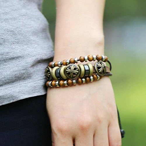 Goloy Punk Fashion Multi-Strand Cord Leather Manual Wood Beads Adjustable Length Bracelet