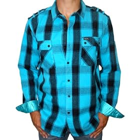 LRG Lifted Research Group Mens Plaid Long Sleeve Button Down Shirt Turquoise Black