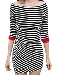Cotton/Polyester Stretchy Off the Shoulder Striped Print Bateau Neck  Dress