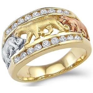 Size 6.5 - Solid 14k Tri-Color Gold Three Lion Cat Dog Animal Ring
