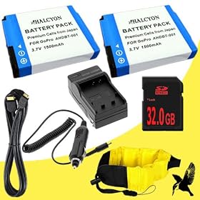 Two Halcyon 1500 mAH Lithium Ion Replacement Battery + External Rapid Charger + 32GB SDHC Class 10 Memory Card + Mini HDMI Cable + Waterproof Floating Strap for GoPro HD Hero, HD Hero2, HD HERO Naked