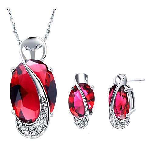 J.MOSUYA Swarovski Element Crystal Ruby Jewelry Set For Women, 18k White Gold Plated Necklace Earring Set Red