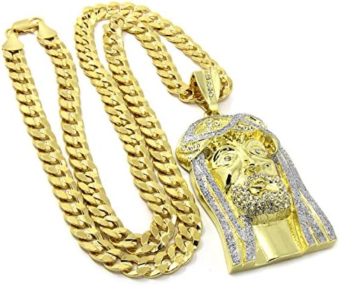 Mens 14k Gold Plated Iced Jesus Face Pendant Hip Hop 30" Cuban Necklace Chain J4