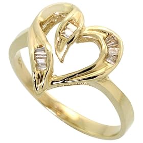 14k Gold Heart Ring 1/2" (13mm) wide, w/ 0.10 Carat Baguette Diamonds