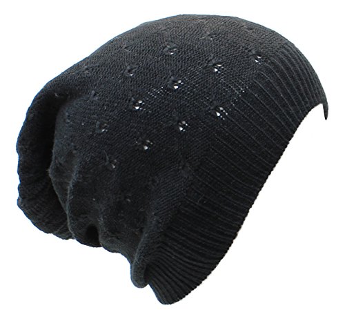 AN- Fashion Lightweight Slouchy Eyelet Pattern Beanie Knit Hat (Black)