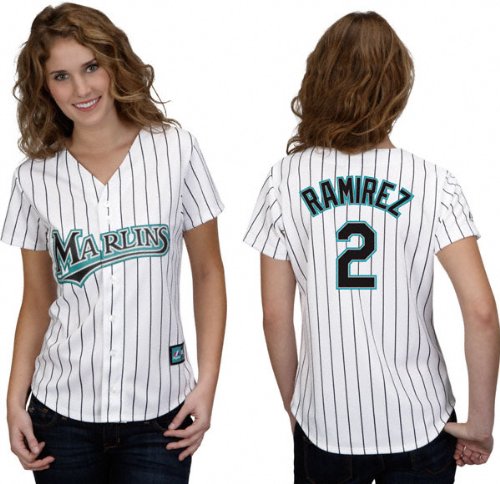 MLB Women's Florida Marlins Hanley Ramirez White/Black Pinstrpe Home Short Sleeve 5 Button Synthetic Replica Baseball Jersey Spring 2012  (White/Black Pinstrpe, Large)