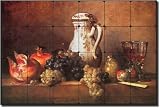 Still Life with Grapes and Pomegranates by Jean Baptiste Simeon Chardin - Artwork On Tile Tumbled Marble Mural 16 x 24 Kitchen Backsplash