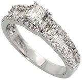 14k White Gold Solitaire Ring 1/4 (6mm) wide, w/ 0.32 Carat (Center) & 0.70 Carat (Sides) Round Brilliant & Baguette Diamonds