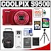 Nikon Coolpix S9500 Wi-Fi GPS Digital Camera (Red) with 16GB Card + Battery + Case + Flex Tripod + Accessory Kit