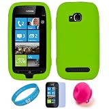Green Soft Smooth Silicone Protective Skin Cover For T-Mobile Nokia Lumia 710 Nokia Windows Phone + Clear Screen Protector + Pink Rubber Suction Stand + SumacLife TM Wisdom*Courage Wristband